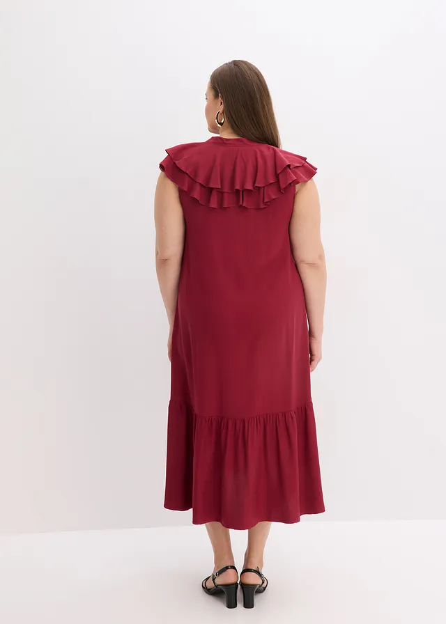 Robe midi avec volants en crêpe texturé, Couleur: prune