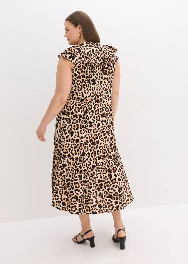 Midi jurk met volants van gestructureerde crêpe, Kleur: beige-zwart luipaardprint