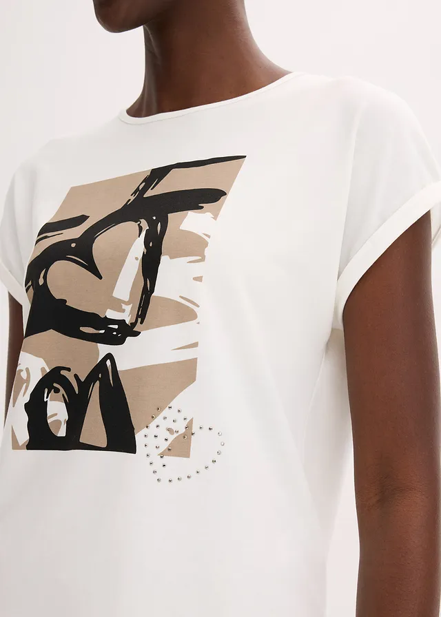T-shirt en viscose mélangée à strass • blanc cassé/taupe • product-page.page-title-suffix