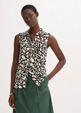 Pólo tričko bez rukávů, s nařasením • černo-přírodní s potiskem • bonprix obchod