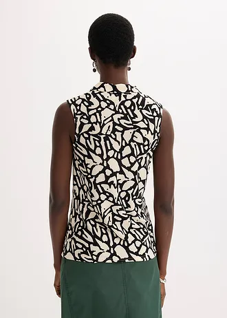 Pólo tričko bez rukávů, s nařasením • černo-přírodní s potiskem • bonprix obchod