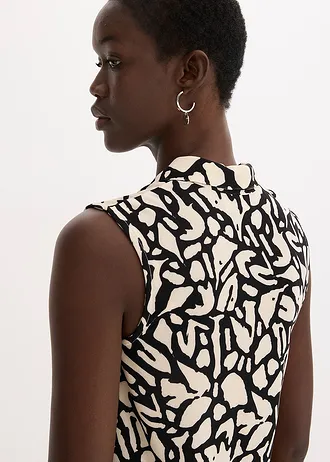 Pólo tričko bez rukávů, s nařasením • černo-přírodní s potiskem • bonprix obchod