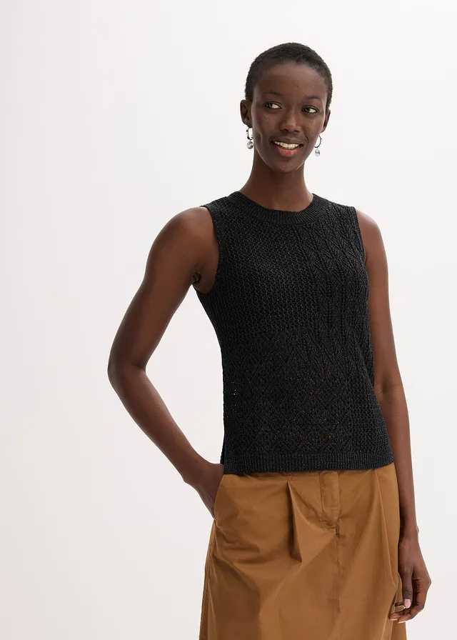 Top en maille ajourée avec fibres métallisées, Couleur: noir/anthracite