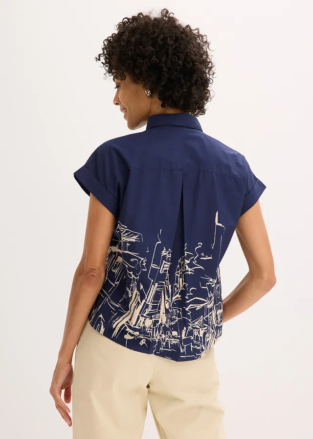 Oversized popeline blouse van katoen met korte mouwen, Kleur: donkerblauw-ecru grafische print