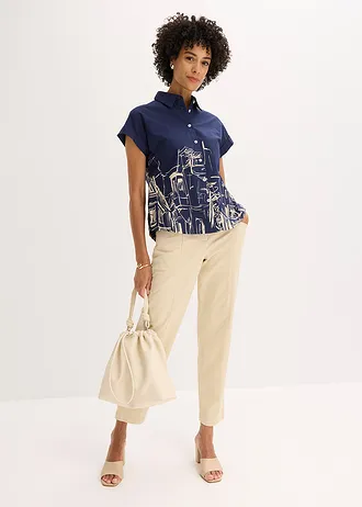 Oversized popeline blouse van katoen met korte mouwen, Kleur: donkerblauw-ecru grafische print