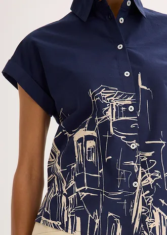 Chemisier manches courtes oversize en popeline de coton • bleu foncé/écru graphique • Boutique bonprix