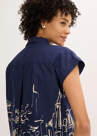 Chemisier manches courtes oversize en popeline de coton • bleu foncé/écru graphique • Boutique bonprix