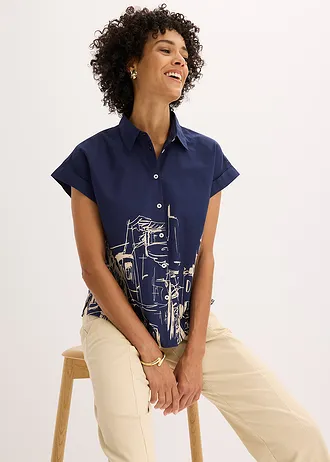 Chemisier manches courtes oversize en popeline de coton • bleu foncé/écru graphique • Boutique bonprix