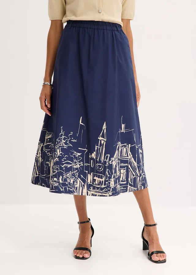 Midirok van puur biologisch katoen • donkerblauw-ecru grafische print • product-page.page-title-suffix