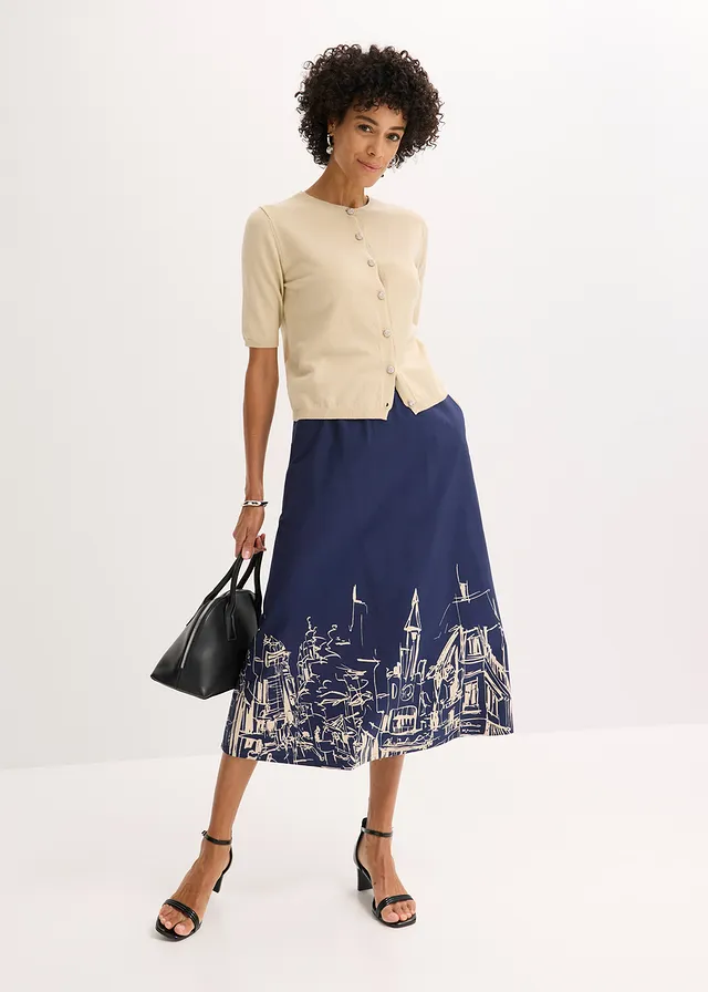 Jupe midi 100% coton, Couleur: bleu foncé-écru graphique