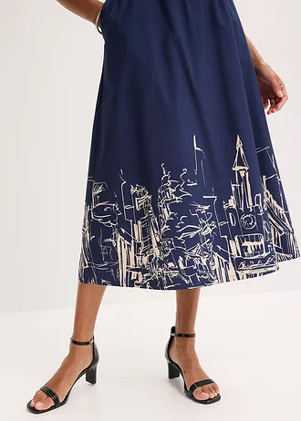 Midirok van puur biologisch katoen • donkerblauw-ecru grafische print • bonprix online shop
