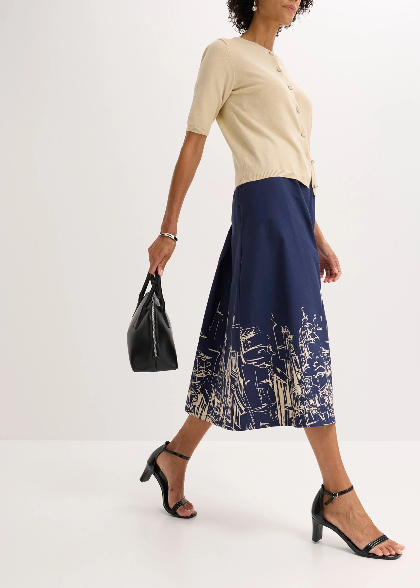 Midirok van puur biologisch katoen • donkerblauw-ecru grafische print • bonprix online shop