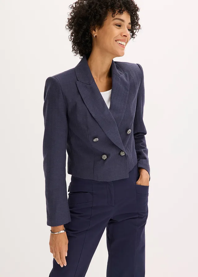 Blazer court et texturé, Couleur: bleu foncé chiné