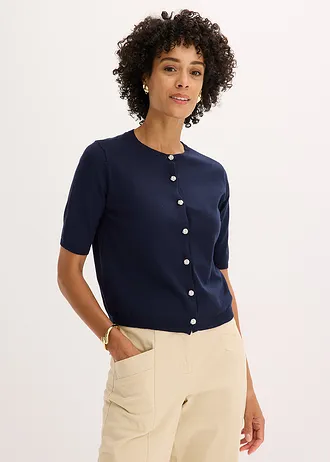 Fijn gebreid vest van een fijne viscosemix, Kleur: donkerblauw