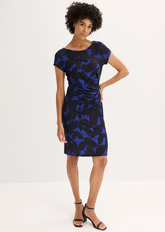 Žerzejové šaty, z recyklovaného polyesteru • safírově modro-černá s květy • bonprix obchod