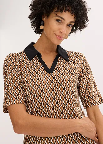 Pólo šaty v délce midi • hnědá moka-černá s grafickým potiskem • bonprix obchod