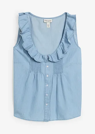 Džínový halenkový top z organické bavlny, barva: světle modrý denim