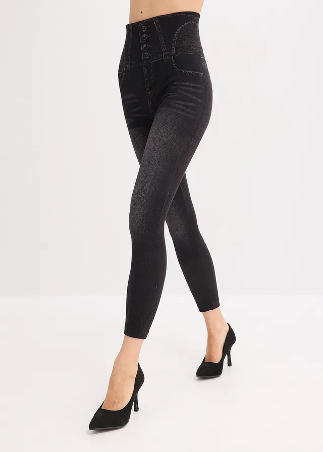 Corrigerende naadloze legging in denim look, sterk corrigerend, Kleur: zwart denimlook