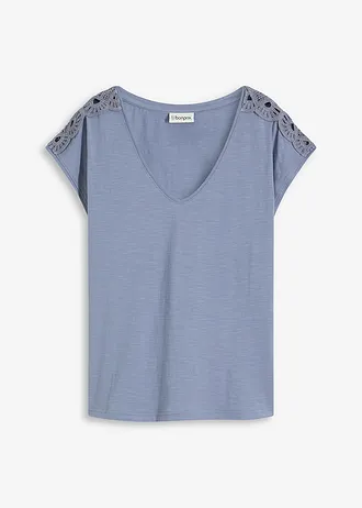 T-shirt à empiècements crochetés, Couleur: bleu fumé