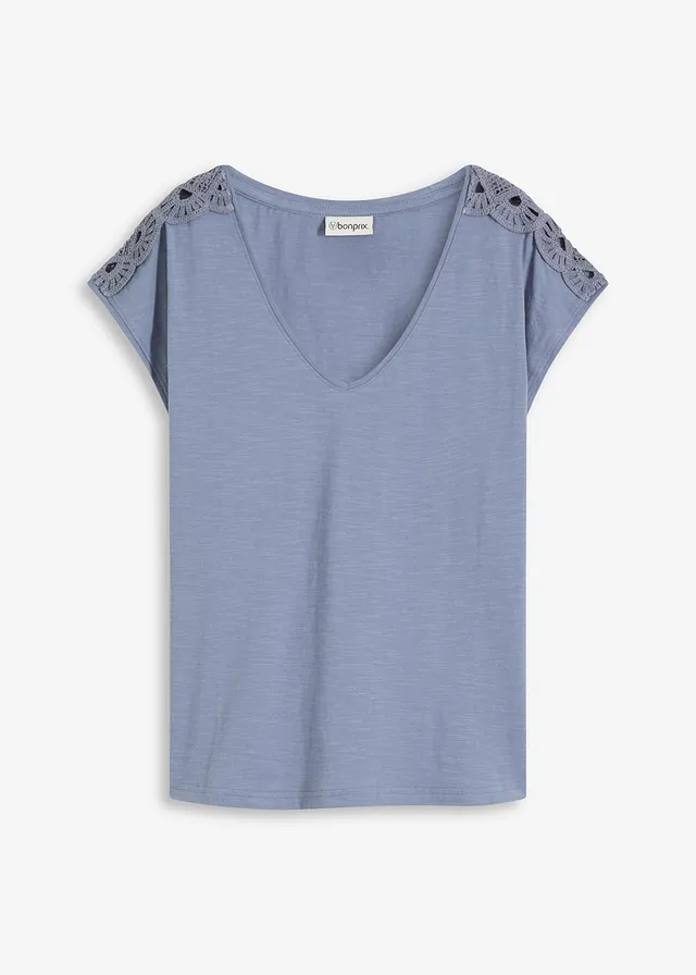 Shirt met gehaakte inzetstukken • rookblauw • bonprix online shop