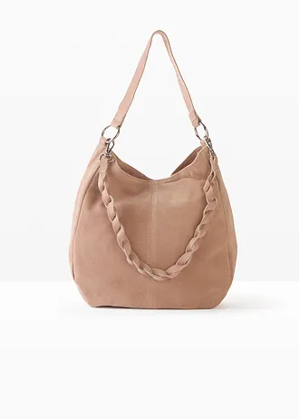 Suède handtas met een decoratieve extra riem, Kleur: taupe