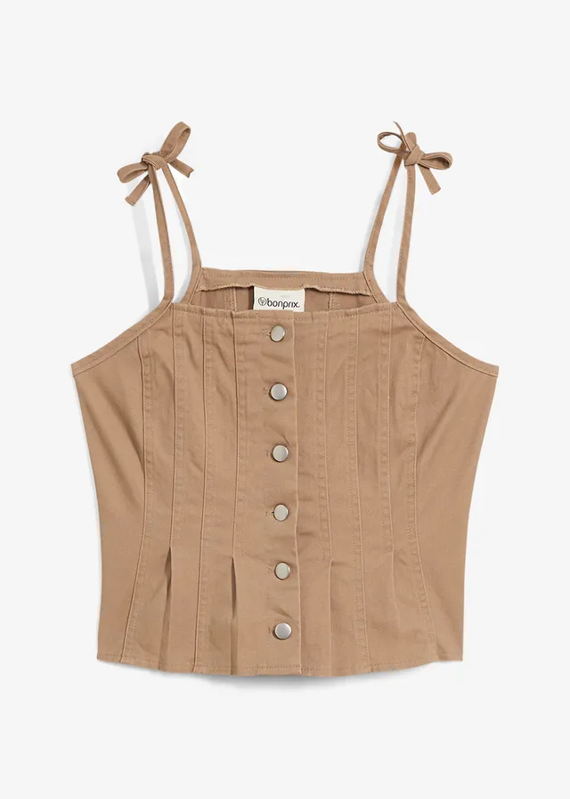 Top met spaghettibandjes in een elastische katoenmix, Kleur: grijsbruin washed