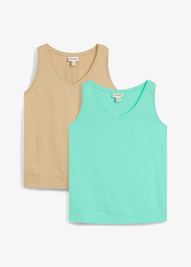 Lot de 2 débardeurs 100% coton, Couleur: beige foncé/bleu menthol