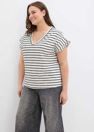 Proužkované tričko s volánovými rukávy, barva: přírodní-černá s proužky