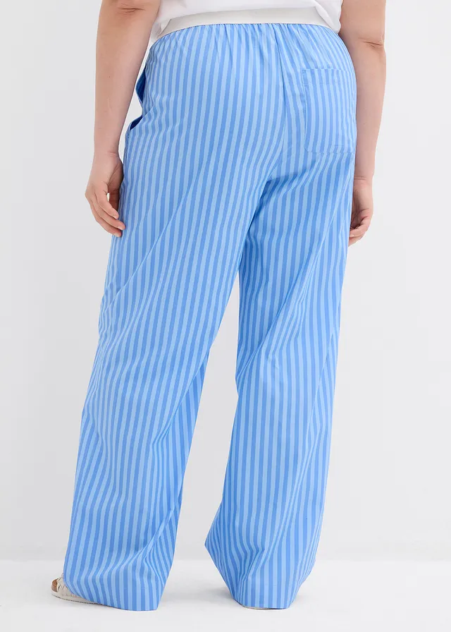 Pantalon palazzo en popeline, Couleur: bleu glacier/bleu layette rayé verticalement