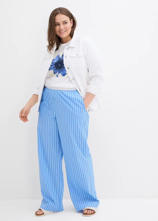 Pantalon palazzo en popeline, Couleur: bleu glacier/bleu layette rayé verticalement