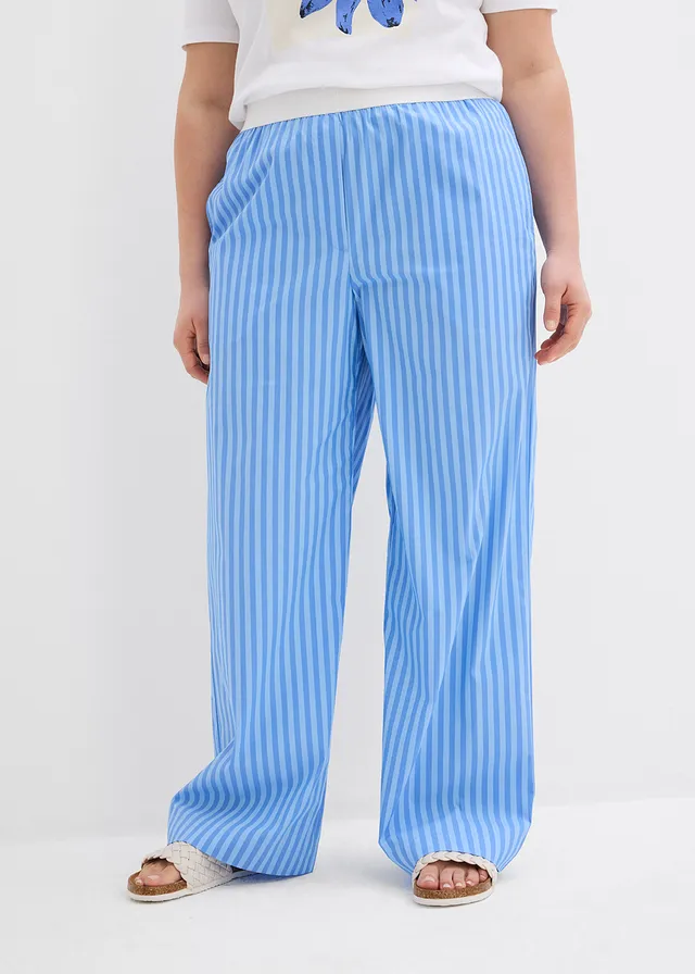 Pantalon palazzo en popeline, Couleur: bleu glacier/bleu layette rayé verticalement