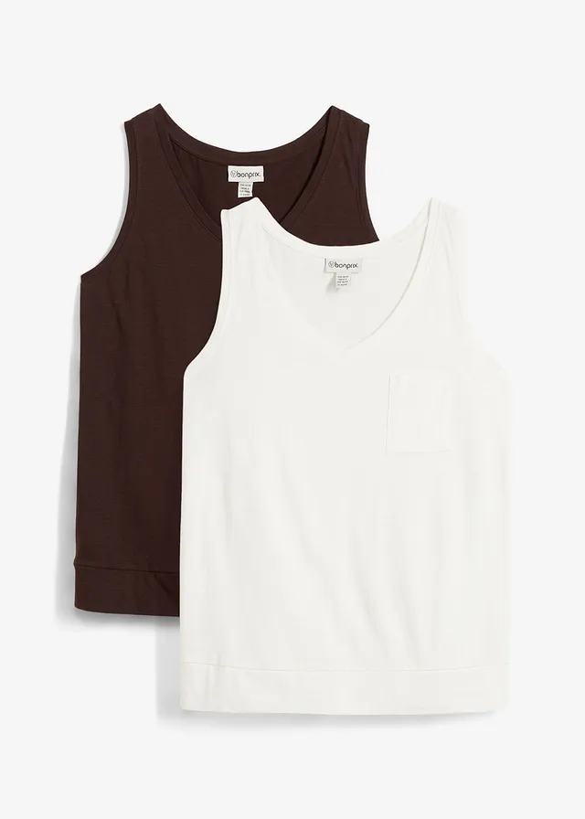 Lot de 2 débardeurs 100% coton, Couleur: écru/marron foncé