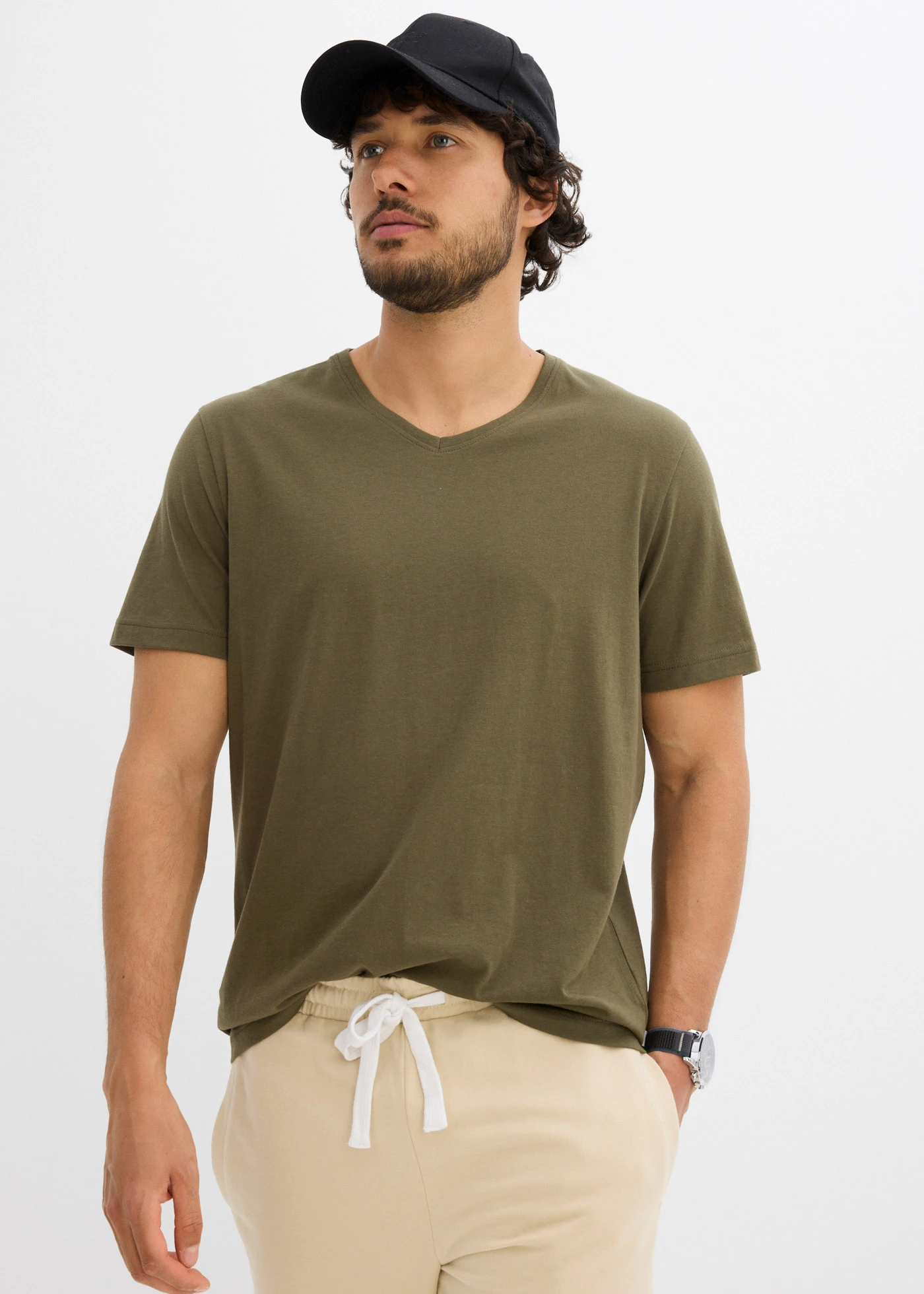 Lot de 3 T-shirts col V • roseau mat + olive foncé + anthracite • Boutique bonprix