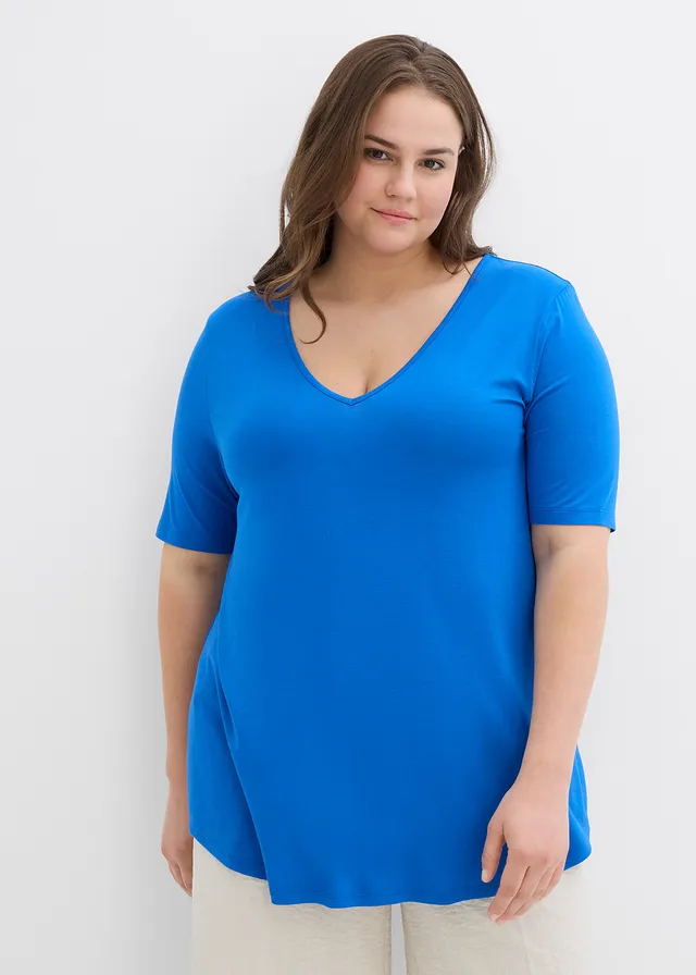 T-shirt long en viscose douce, Couleur: bleu arctique