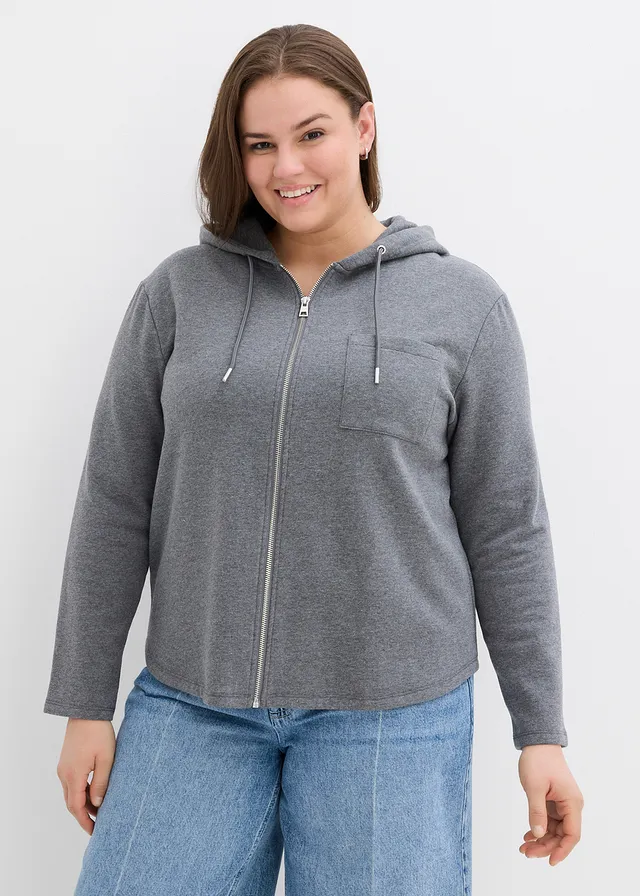 Sweat zippé à capuche avec polyester recyclé, Couleur: gris chiné