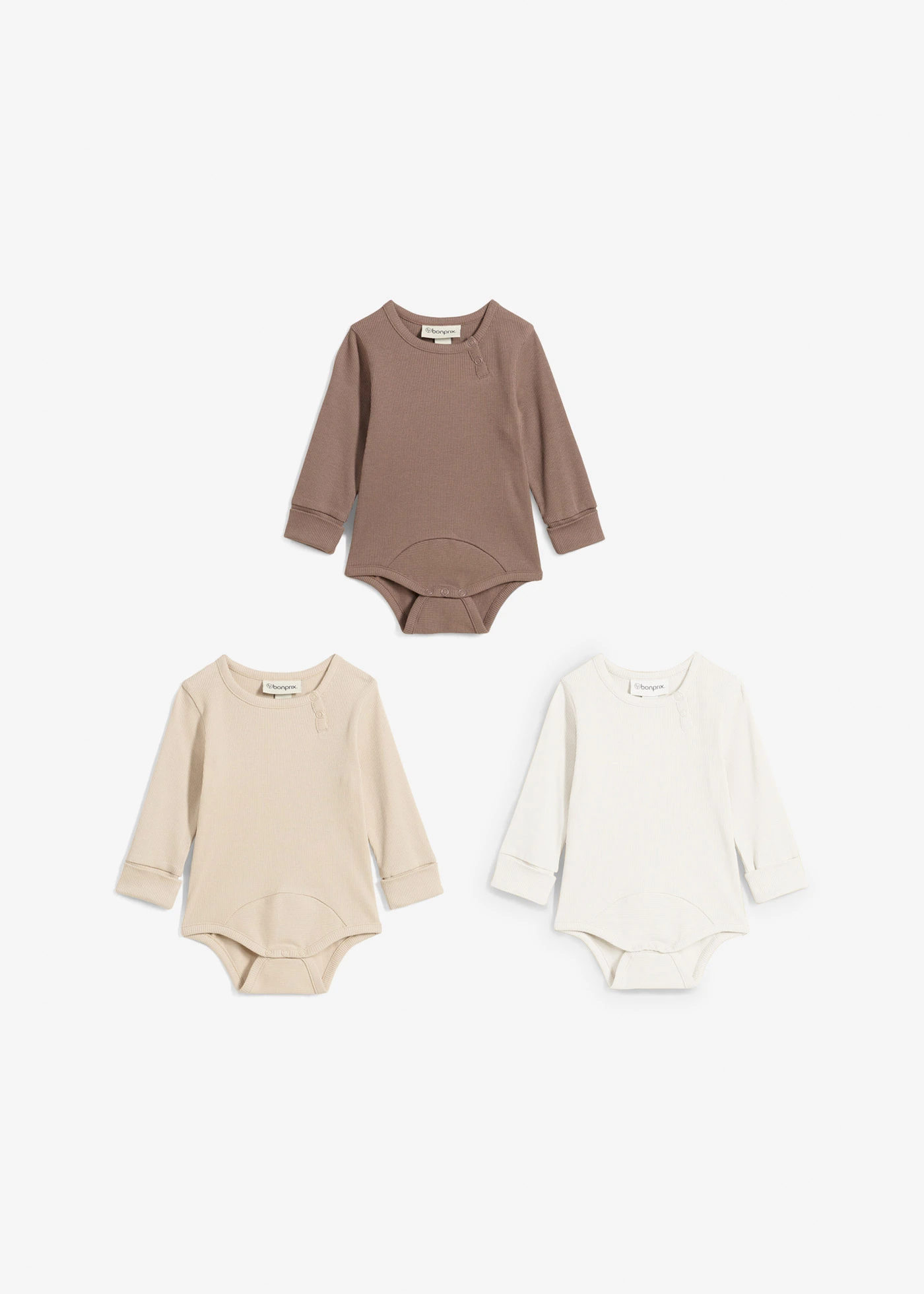 Body s dlouhým rukávem, z čisté bavlny, roste s dítkem (3 ks v balení) • středně hnědá + světle písková + přírodní bílá • bonprix obchod