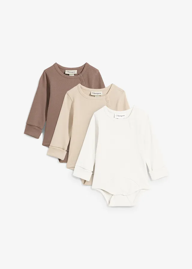 Body s dlouhým rukávem, z čisté bavlny, roste s dítkem (3 ks v balení) • středně hnědá + světle písková + přírodní bílá • bonprix obchod