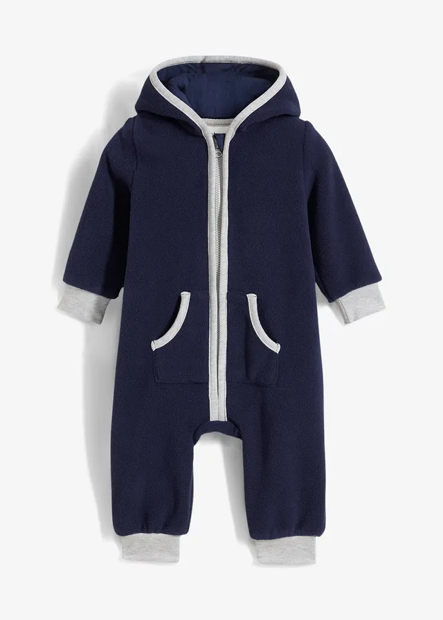 Salopetă bebe din fleece cu aplicație cu ursuleț și cu glugă