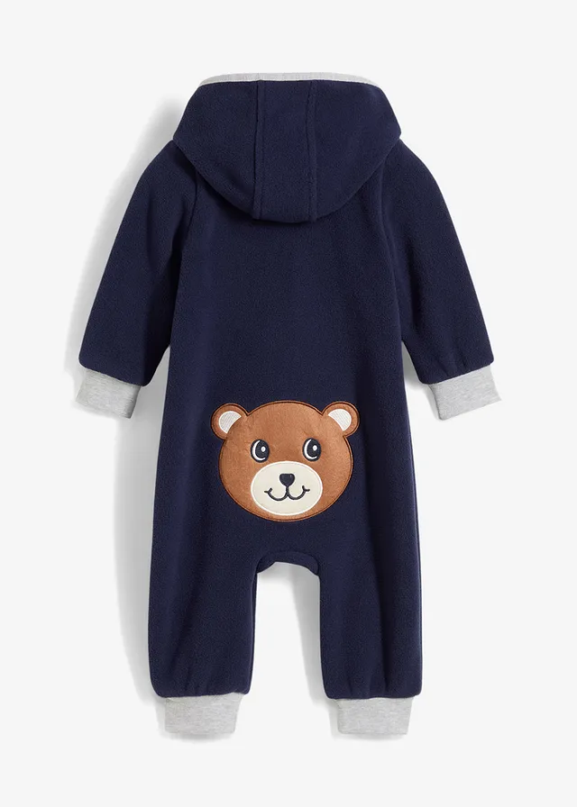 Combinaison en polaire avec capuche et application ourson, Couleur: bleu foncé