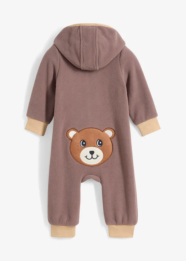 Salopetă bebe din fleece cu aplicație cu ursuleț și cu glugă