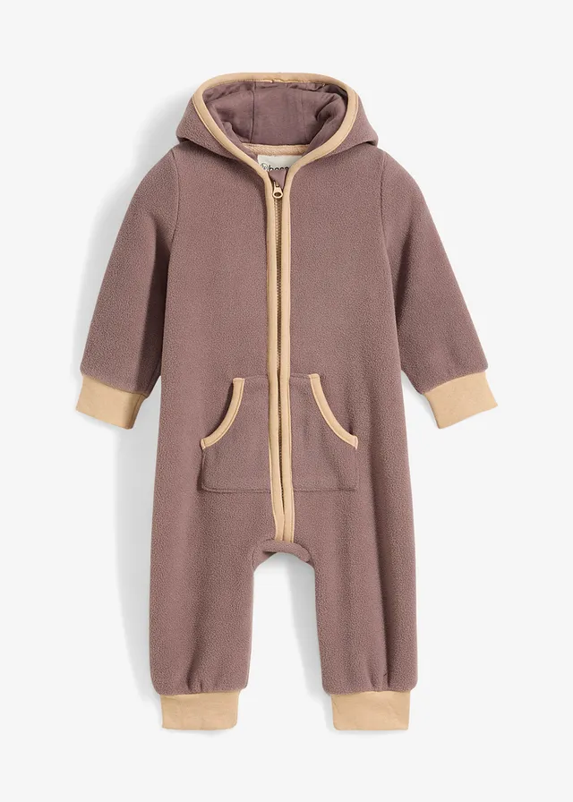 Salopetă bebe din fleece cu aplicație cu ursuleț și cu glugă