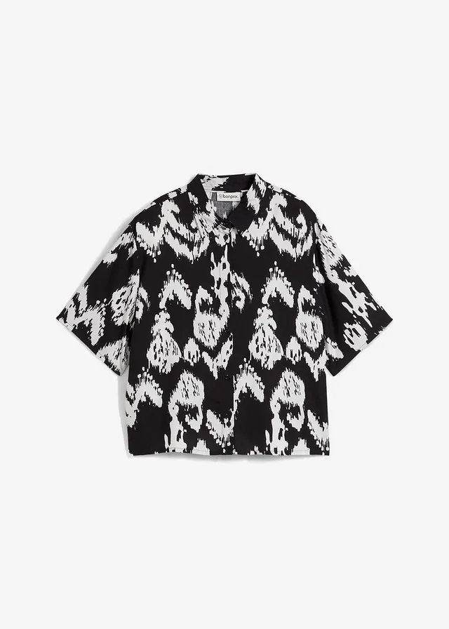 Viscose blouse met korte mouwen, Kleur: zwart-wolwit gedessineerd
