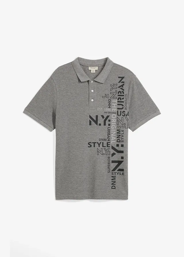 Polo Slim Fit en maille piquée 100% coton, Couleur: gris chiné imprimé