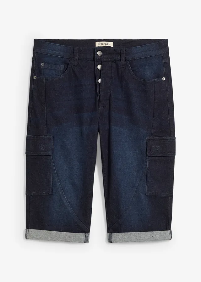 Stretch jeans cargo bermuda, regular fit, Kleur: donkerblauw denim