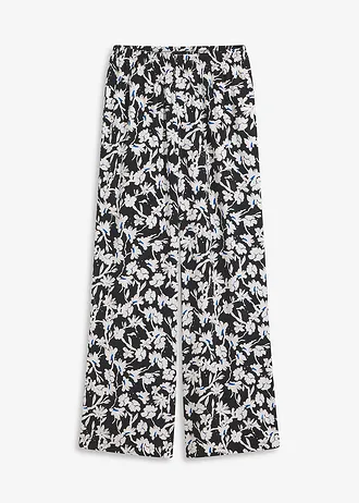 Palazzo kalhoty ze strukturovaného materiálu, barva: černo-přírodní bílá s květy