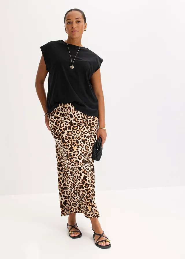 Midi rok van soepele viscose, Kleur: beige-zwart luipaardprint