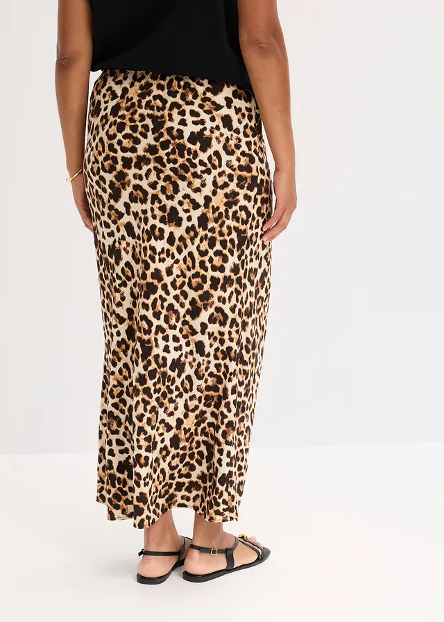 Midi rok van soepele viscose, Kleur: beige-zwart luipaardprint