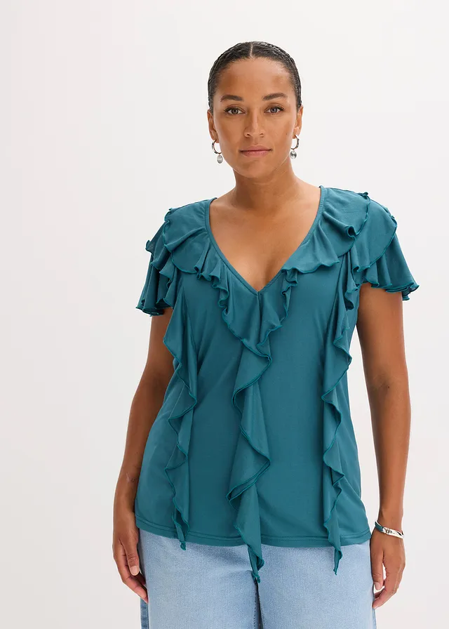 Shirt met volants van een zachte modal-mix, Kleur: pepergroen