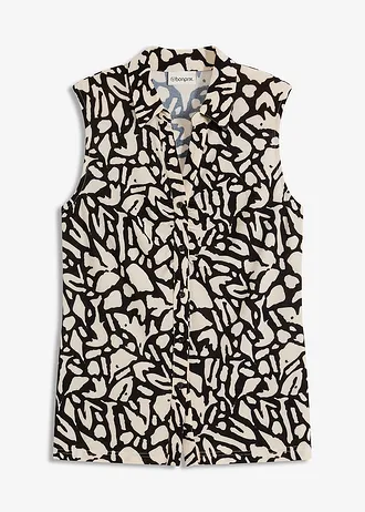 Pólo tričko bez rukávů, s nařasením • černo-přírodní s potiskem • bonprix obchod