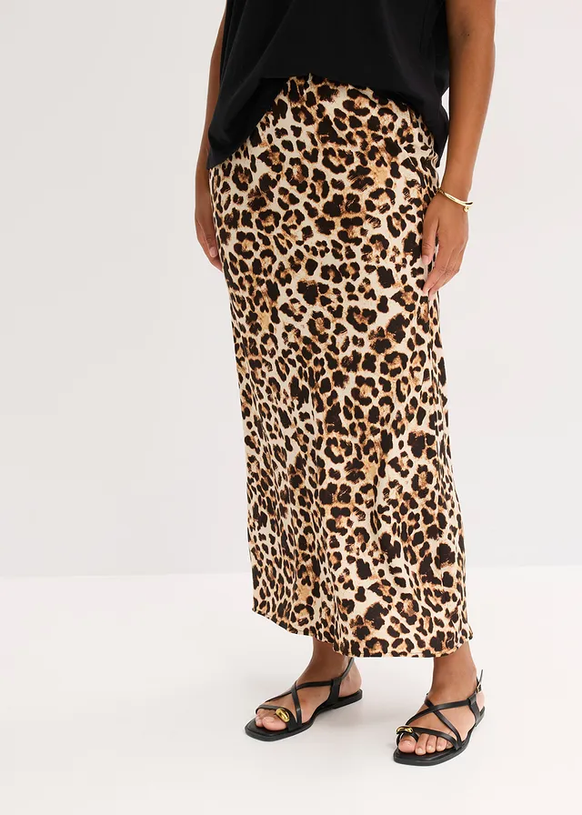Midi rok van soepele viscose, Kleur: beige-zwart luipaardprint